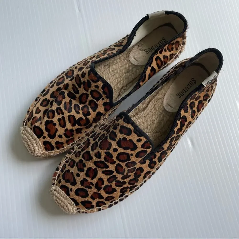 Soludos platform espadrilles calf hair animal print leopard smoking slipper sz 9